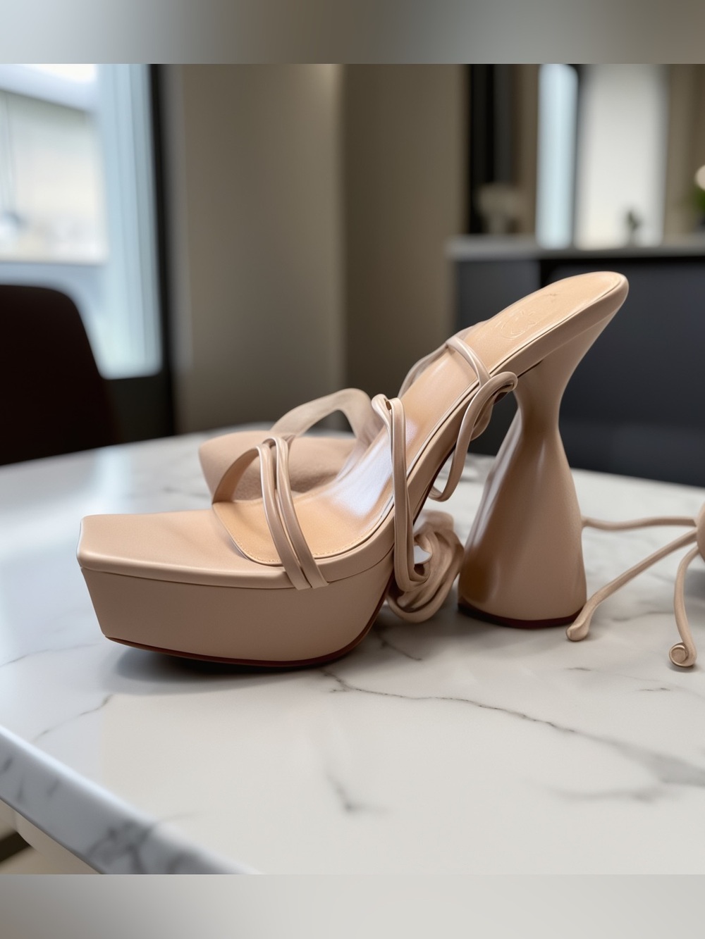 NWT Bella Marie Platforms With Sculpted Shiny Heel And Tie Up Straps